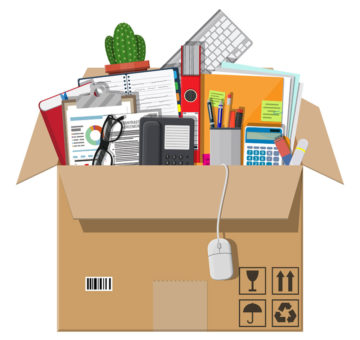 Moving to new office. Cardboard box with folder, document paper, contract, calculator, pen and pencils, eyeglasses, book, ring binder, phone. Keyboard, mouse cactus illustration in flat style